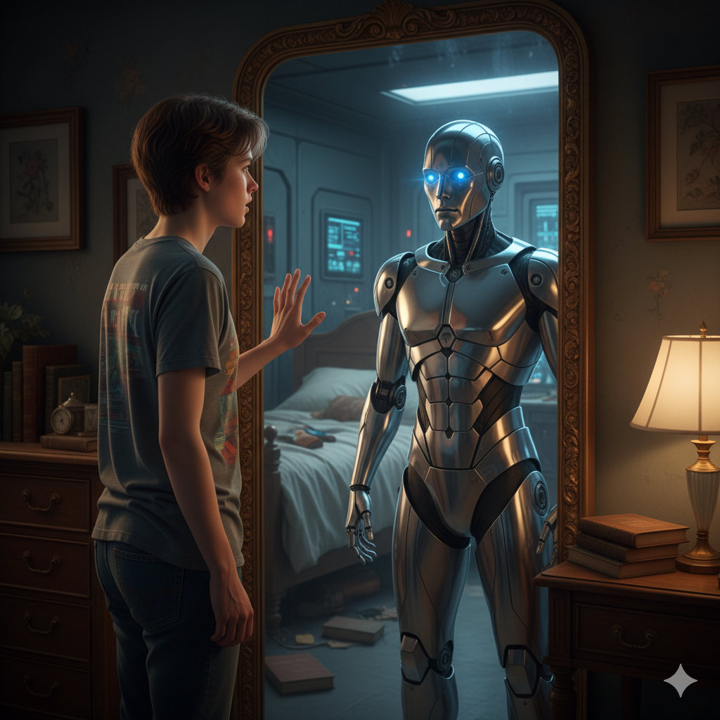 Human looking in mirror sees robot